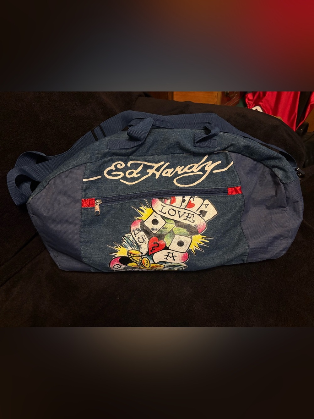 Ed Hardy Love is a Gamble Blue Denim/Canvas Duffel Travel Gym Bag 20”Lx10”Wx8”H